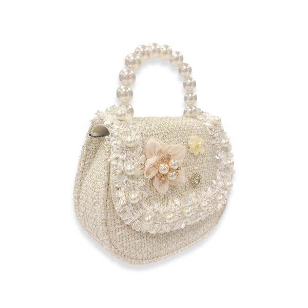 Floral Decor Tweed Purse: Beige