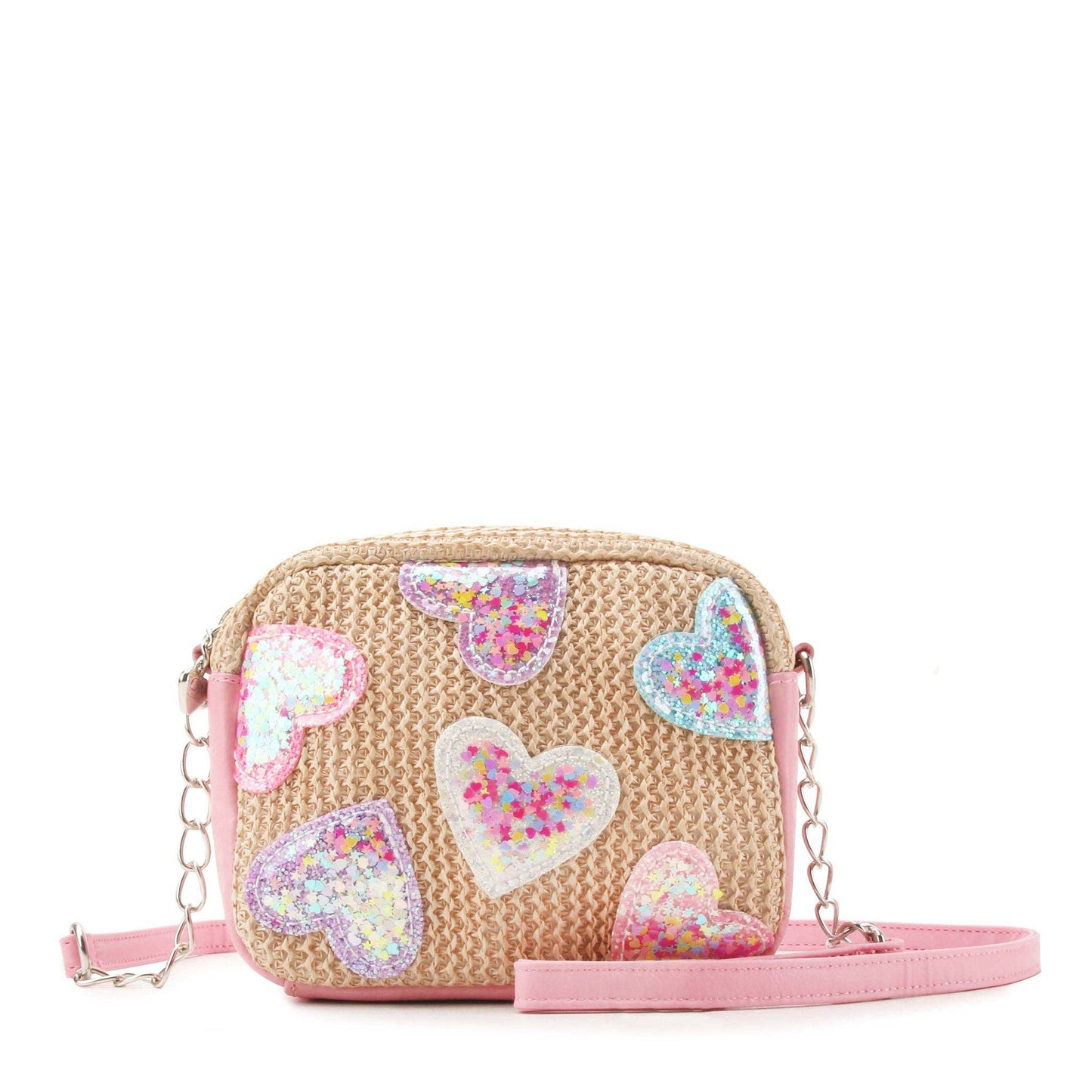 Confetti Heart Patched Straw Crossbody Bag