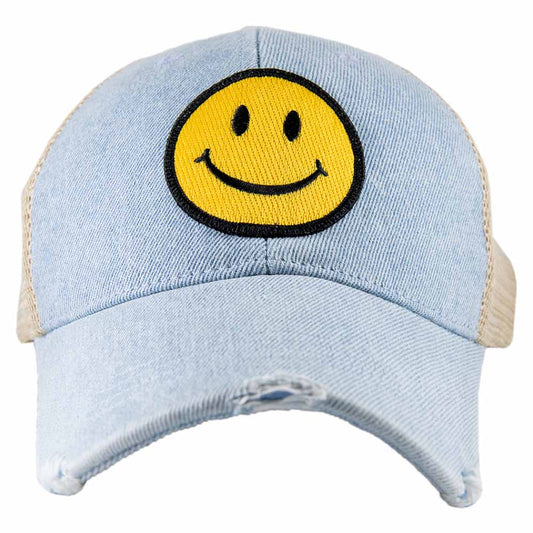 Yellow Happy Face Trucker Denim Hat: Denim Blue