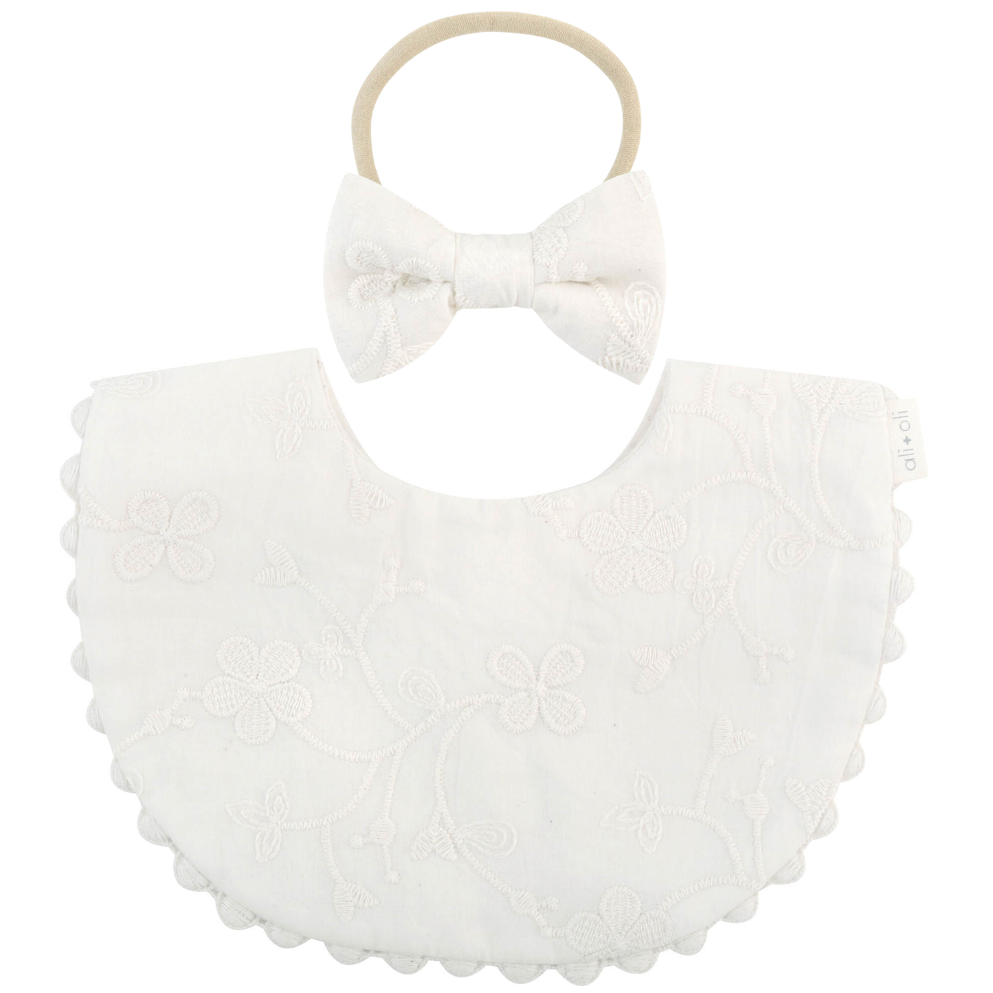 Cotton Baby Bib Double-Sided (Embroidered Flowers & Bow)