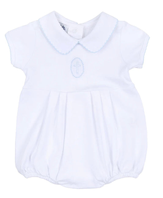 Blessed Blue Embroidered Collared Short Sleeve Bubble