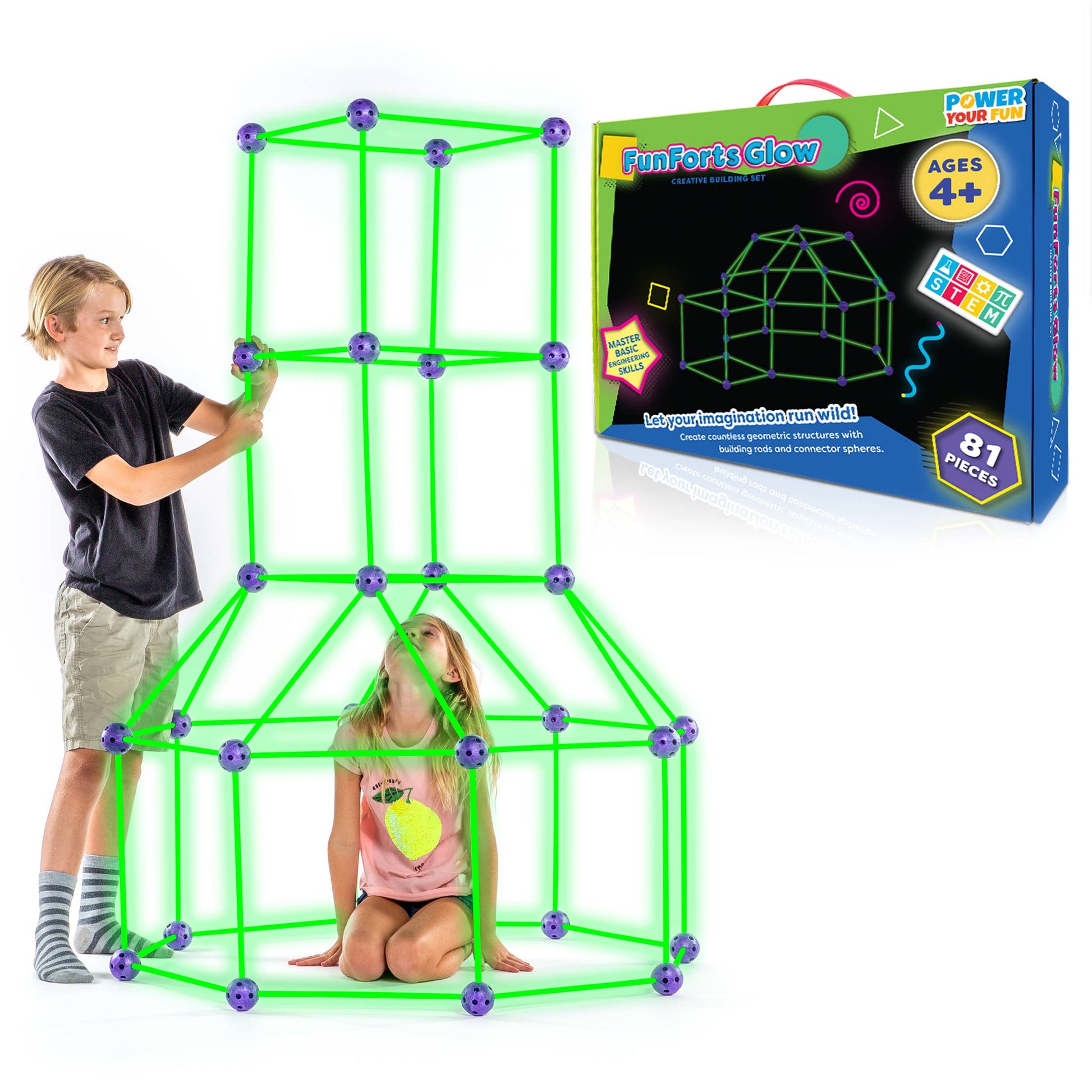 Fun Forts Tent for Kids - 81 Pk STEM Toys (Glow in the Dark) - Einstein's Attic