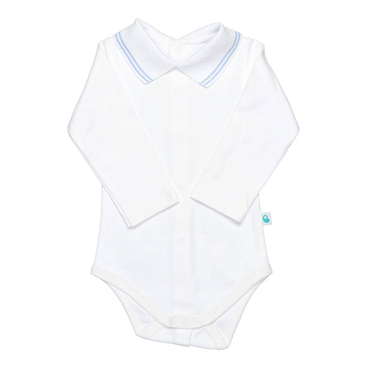 Cotton Baby Bodysuit Onesie with Polo-Style Collar: 6-12M / Long Sleeve / Light Blue