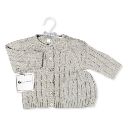 Grey Cable-Knit Cardigan & Beanie: 3-6M