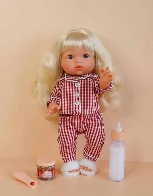 12” Doll Pajamas, slippers, milk and gingerbread mash -