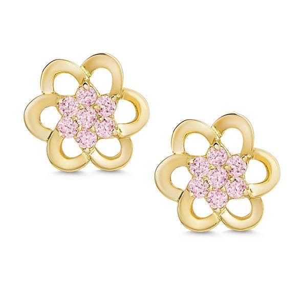 Pink CZ Flower Stud Earrings 18k Gold Over Sterling Silver - Einstein's Attic