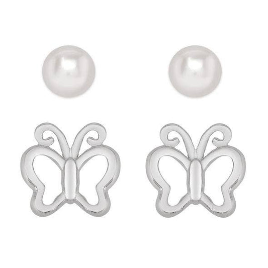 Butterfly And Freshwater Pearl Stud Set In Sterling Silver - Einstein's Attic