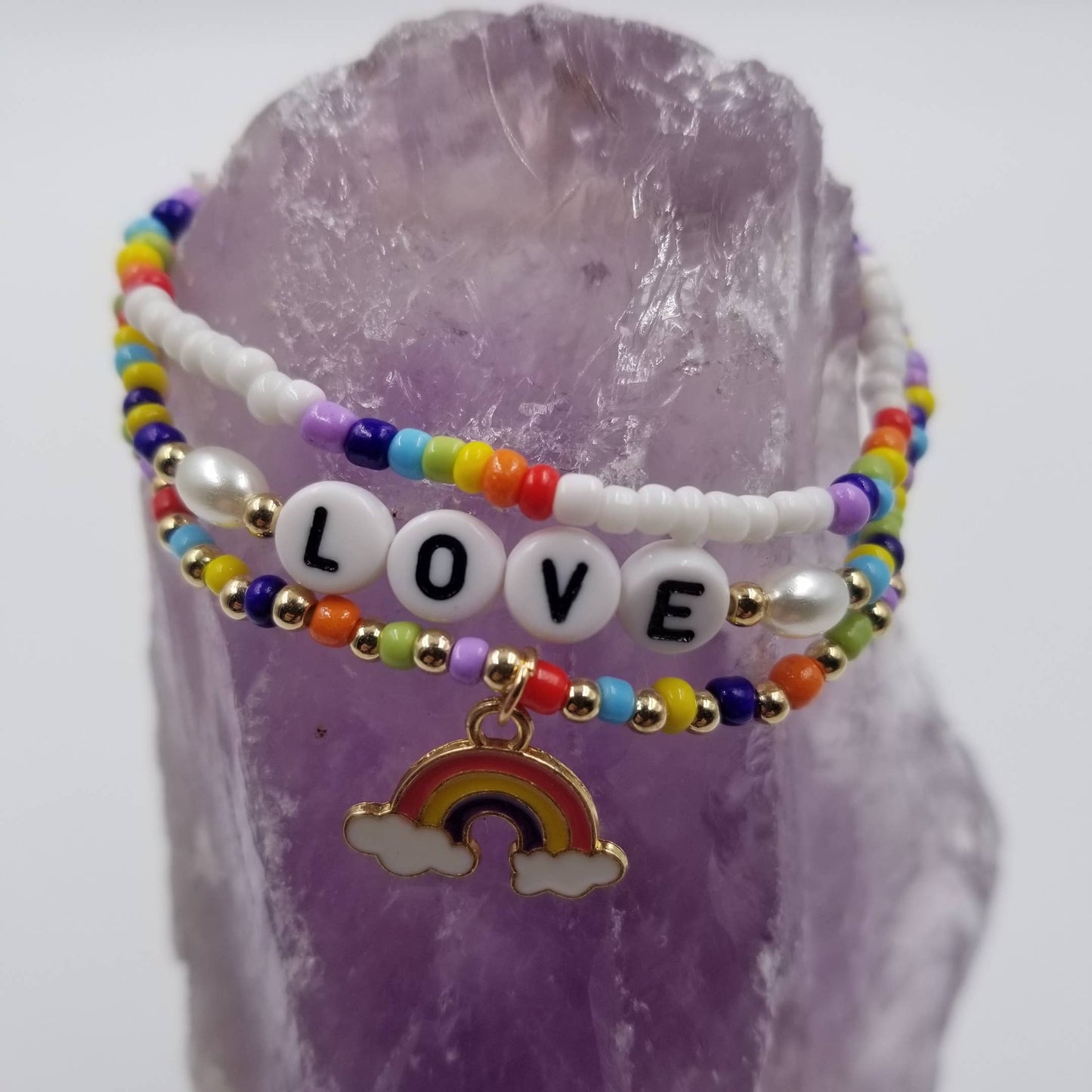 Rainbow Beaded LOVE Bracelet - Set Of 3