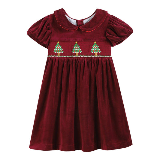 Red Velour Christmas Tree Smocked Dress - Einstein's Attic