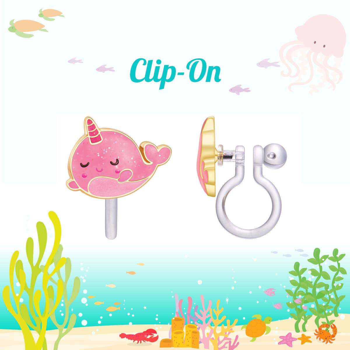CLIP ON Cutie Earrings- Glitter Pink Narwhal