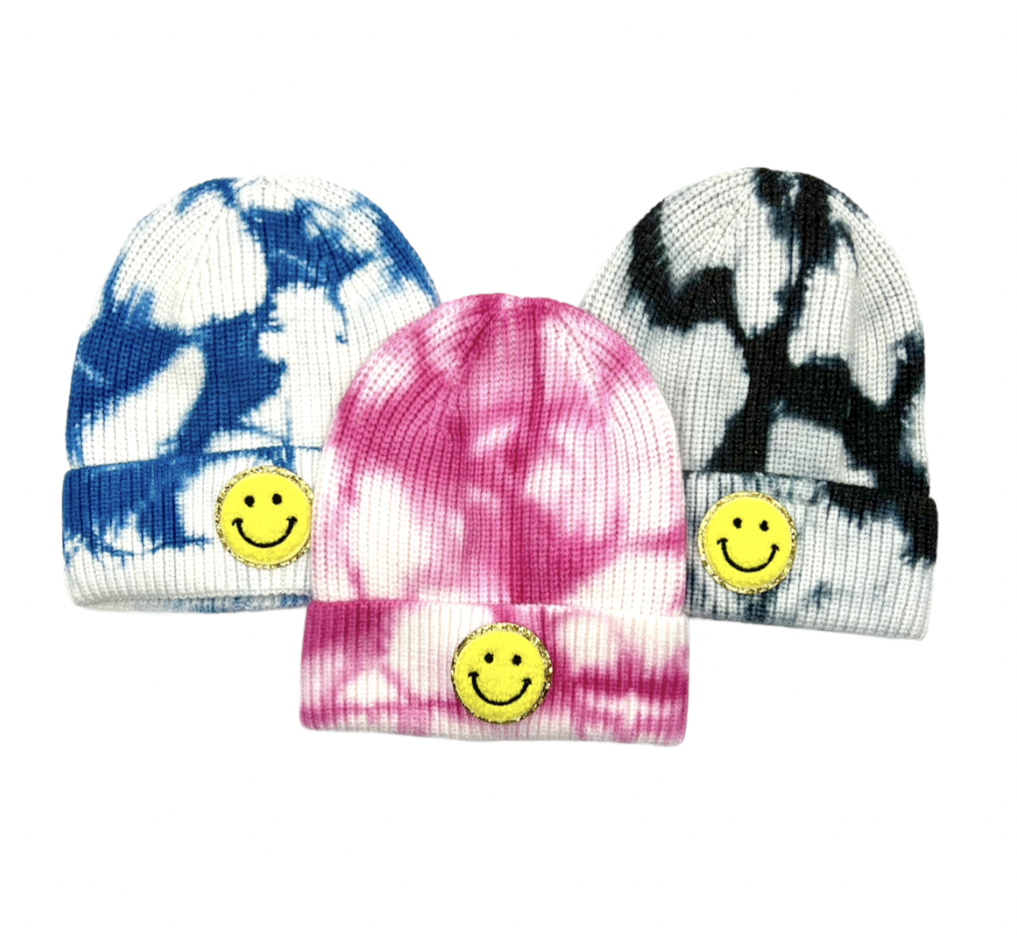Varsity Smiley Face Tie Dye Beanie Stocking Hat Cap