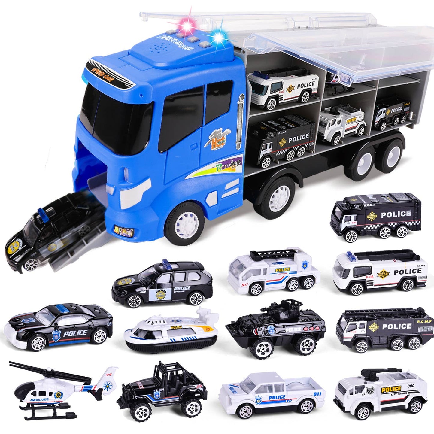12 in 1 Die-cast Police Car Transport Truck Car Carrier Toy - Einstein's Attic