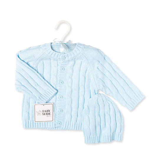 Blue Cable-Knit Cardigan & Beanie: 3-6M