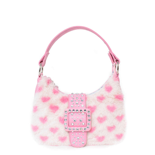 Plush Heart-Printed Pink Mini Crescent Bag