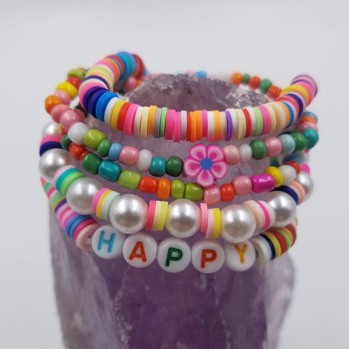 Rainbow Beaded HAPPY Heishi Bracelets - Set Of 5