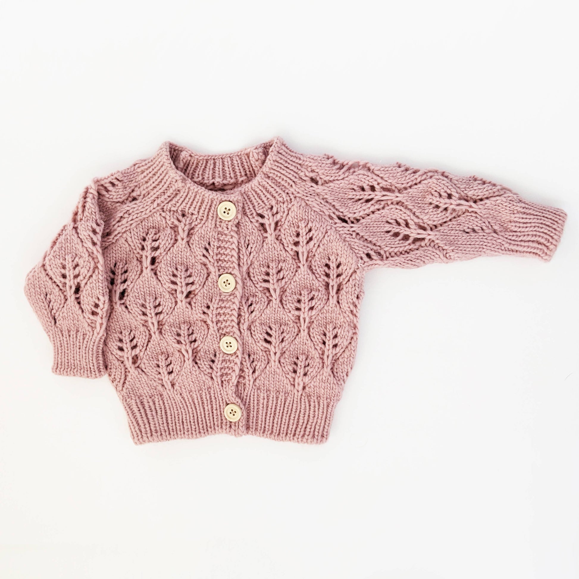 Leaf Lace Hand Knit Cardigan Sweater Rosy Pink - Einstein's Attic