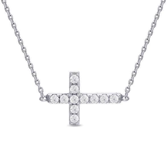 Sideways Cross CZ Necklace In Sterling Silver - Einstein's Attic
