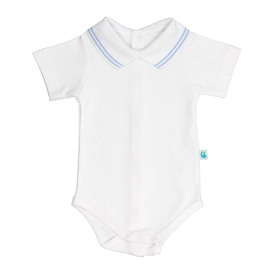Cotton Baby Bodysuit Onesie with Polo-Style Collar: 12-18M / Short Sleeve / Light Blue