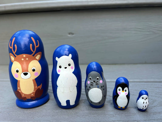 RAIN DEER BEAR OWL Nesting Dolls Set, 5 Pcs/4" ZOO ANIMALS