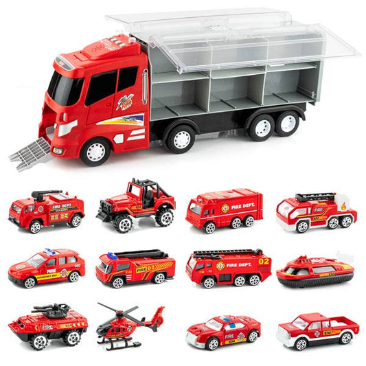 12 in 1 Die-cast Fire Truck Transport Fire Truck Carrier