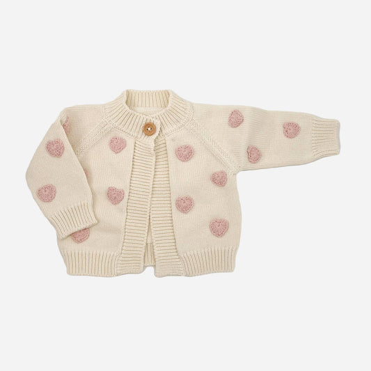 Cotton Heart Cardigan, Blush | Baby Kids Sweater